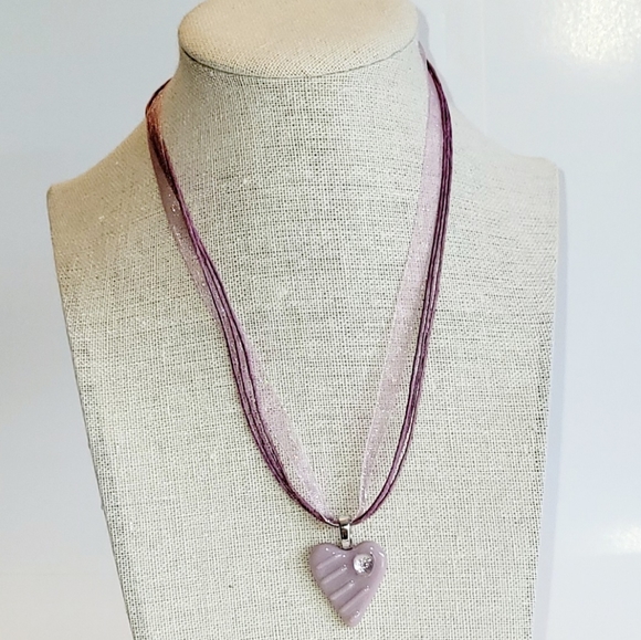 Heart Lavender Fused Glass 🩶 Pendant on Ribbon/String Cord, Handcrafted, New - Picture 3 of 5